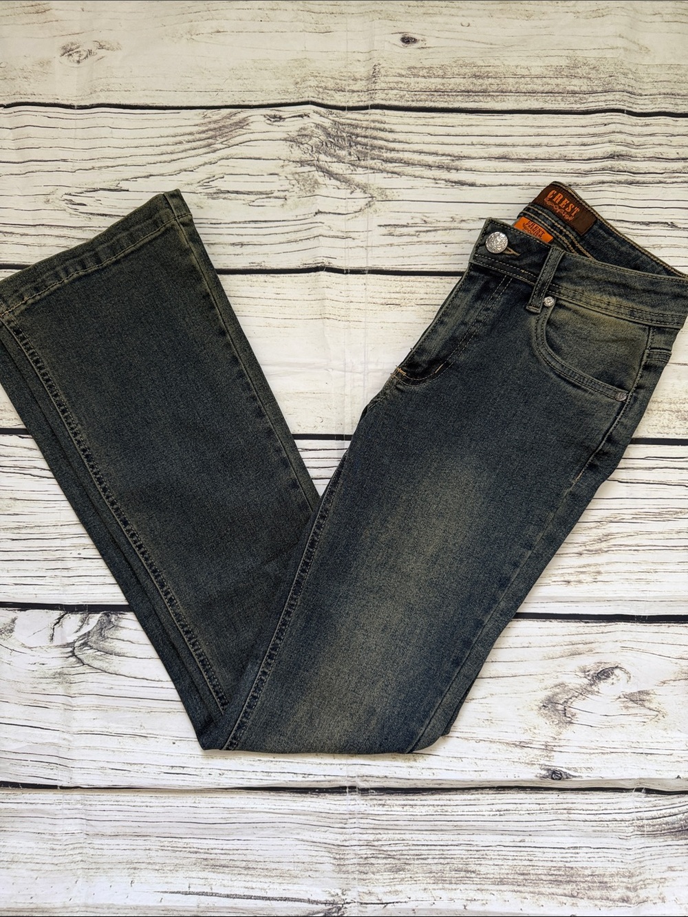 ♡ Crest Vintage Y2K Stretch Dark Wash Distressed Bootcut Jeans 3
